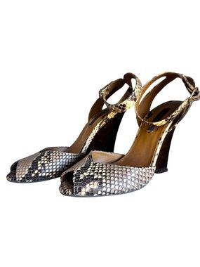 Ralph Lauren Snakeskin Peep-Toe Ankle-Strap Heels - Brown/Gold
